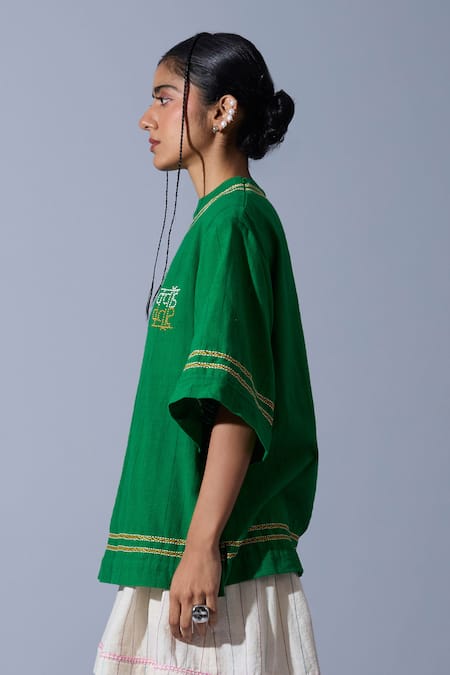 Quod_Green Handloom Cotton, Linen Embroidery, Metallic Thread Horses Of Love T-shirt _Online_at_Aza_Fashions