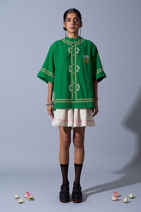 Quod_Green Handloom Cotton, Linen Embroidery, Metallic Thread Horses Of Love T-shirt _at_Aza_Fashions