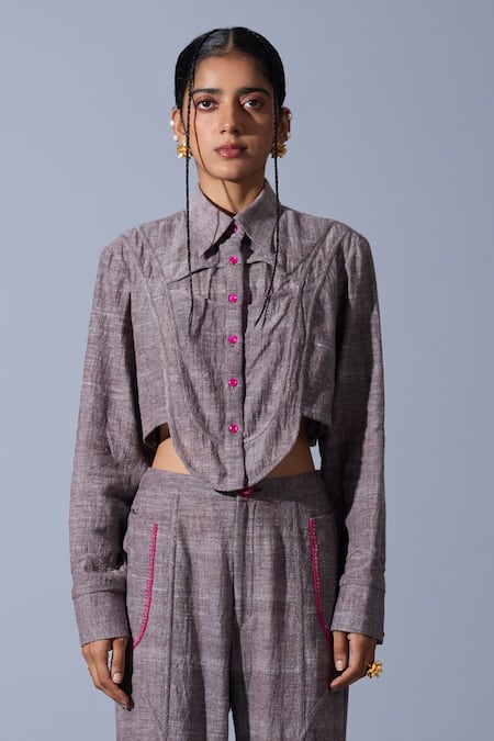 Quod_Brown Cotton, Linen Collared Cropped Chapel Shirt _at_Aza_Fashions