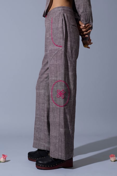 Quod_Brown Handloom Cotton, Linen Embroidery Office Handwoven Pant _Online_at_Aza_Fashions