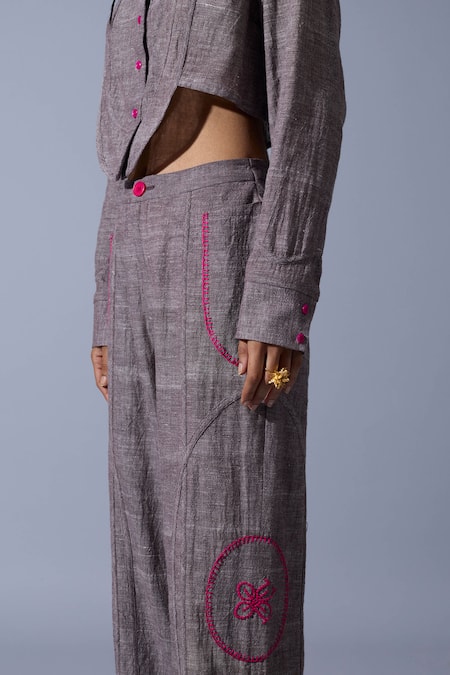 Shop_Quod_Brown Handloom Cotton, Linen Embroidery Office Handwoven Pant _Online_at_Aza_Fashions
