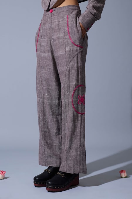 Quod_Brown Handloom Cotton, Linen Embroidery Office Handwoven Pant _at_Aza_Fashions