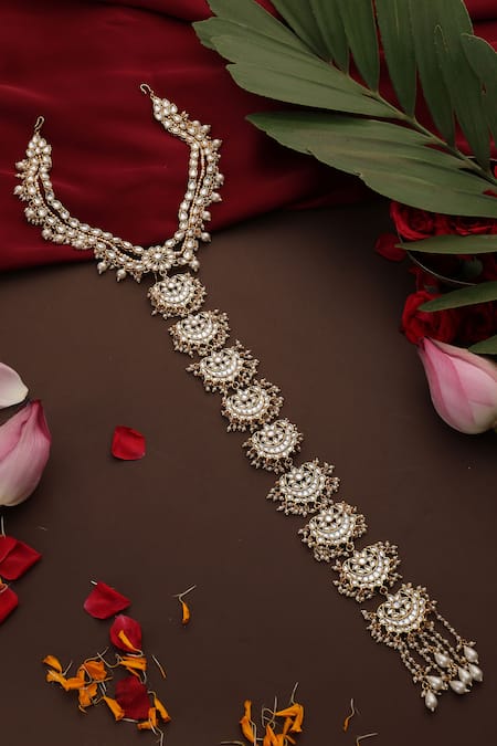 Swabhimann_Gold Stones, Pearls And White Kundan Braid Pin _Online_at_Aza_Fashions