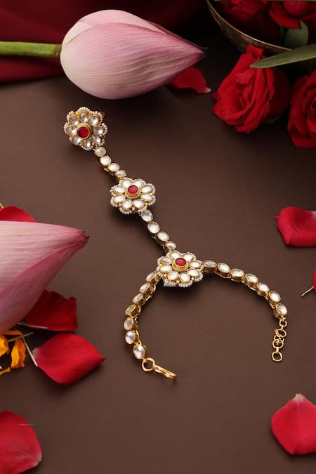 Shop_Swabhimann_Red Stones, Pearls Kundan Embellished Hathphool _at_Aza_Fashions