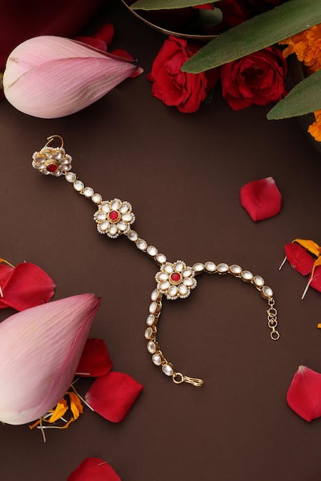 Swabhimann_Red Stones, Pearls Kundan Embellished Hathphool _Online_at_Aza_Fashions