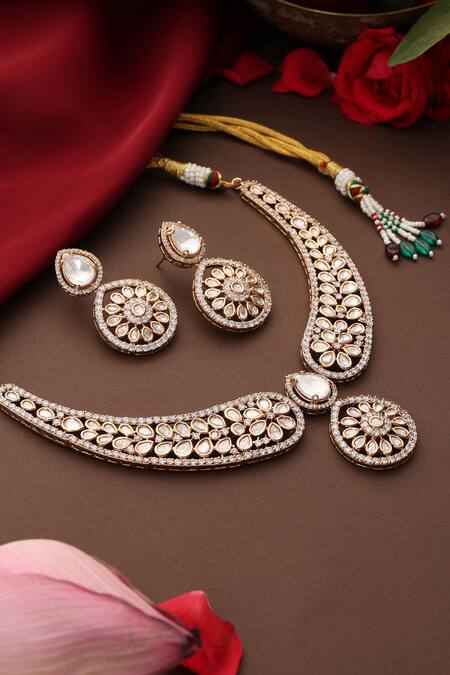 Swabhimann_Rose Gold Stones, Crystals Polki Studded Pendant Necklace Set _Online_at_Aza_Fashions