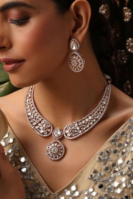 Buy_Swabhimann_Rose Gold Stones, Crystals Polki Studded Pendant Necklace Set _Online_at_Aza_Fashions