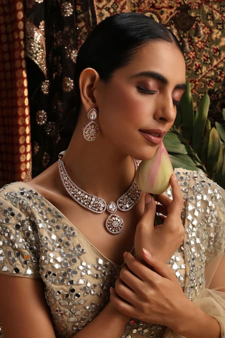 Shop_Swabhimann_Rose Gold Stones, Crystals Polki Studded Pendant Necklace Set _Online_at_Aza_Fashions