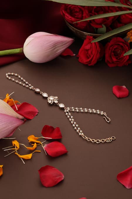 Swabhimann_Rose Gold Pearls, Stones Plated Polki Hathphool _Online_at_Aza_Fashions