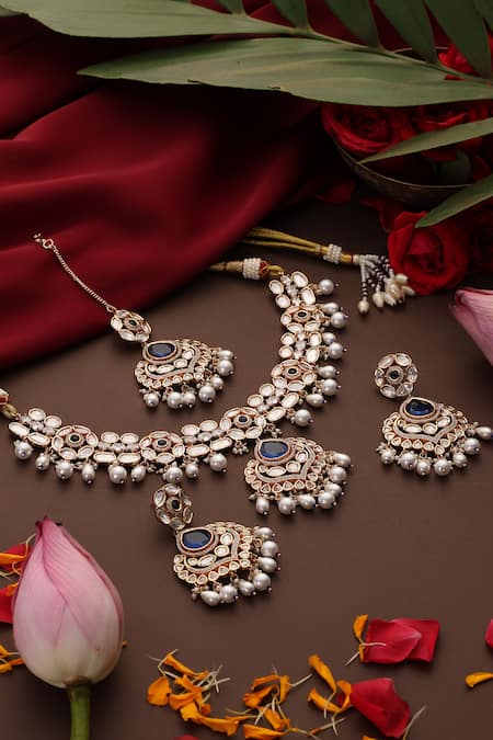 Swabhimann_Rose Gold Pearls, Stones Polki Studded Pendant Necklace Set _Online_at_Aza_Fashions