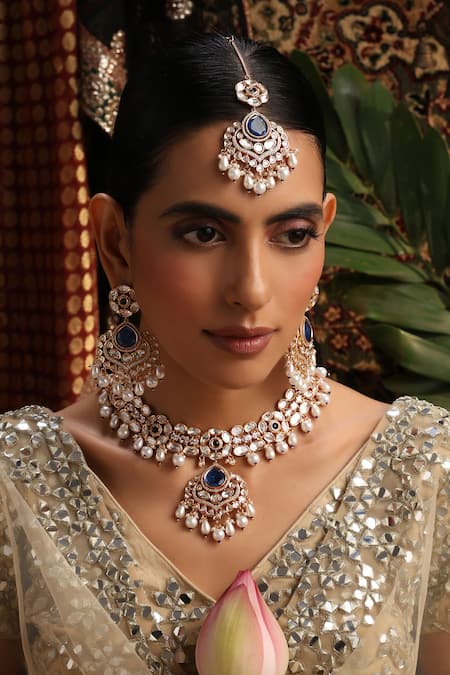 Buy_Swabhimann_Rose Gold Pearls, Stones Polki Studded Pendant Necklace Set _Online_at_Aza_Fashions