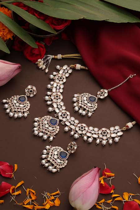 Shop_Swabhimann_Rose Gold Pearls, Stones Polki Studded Pendant Necklace Set _at_Aza_Fashions