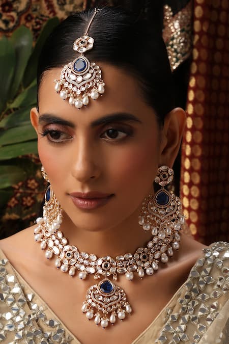 Shop_Swabhimann_Rose Gold Pearls, Stones Polki Studded Pendant Necklace Set _Online_at_Aza_Fashions