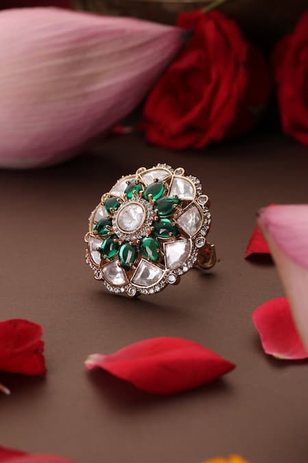 Swabhimann_Green Stones, Crystals Emerald And Polki Embellished Ring _Online_at_Aza_Fashions
