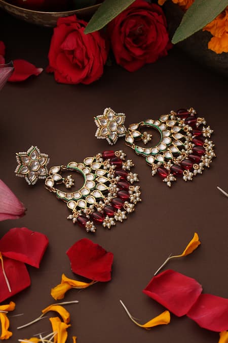 Buy_Swabhimann_Red Stones, Beads, Pearls Gold Plated Polki Chandbalis _Online_at_Aza_Fashions