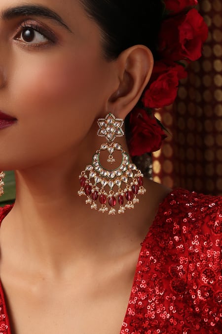 Shop_Swabhimann_Red Stones, Beads, Pearls Gold Plated Polki Chandbalis _Online_at_Aza_Fashions