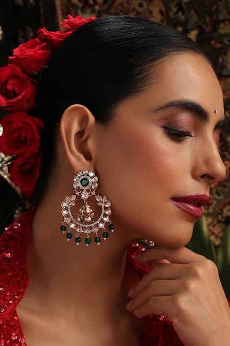 Buy_Swabhimann_Green Stones, Beads Polki Embellished Chandbalis _Online_at_Aza_Fashions