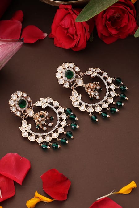 Shop_Swabhimann_Green Stones, Beads Polki Embellished Chandbalis _Online_at_Aza_Fashions