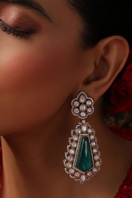 Swabhimann_Green Stones, Beads Emerald Polki Dangler Earrings _Online_at_Aza_Fashions