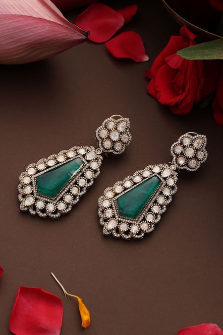 Buy_Swabhimann_Green Stones, Beads Emerald Polki Dangler Earrings _Online_at_Aza_Fashions