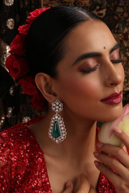 Shop_Swabhimann_Green Stones, Beads Emerald Polki Dangler Earrings _Online_at_Aza_Fashions