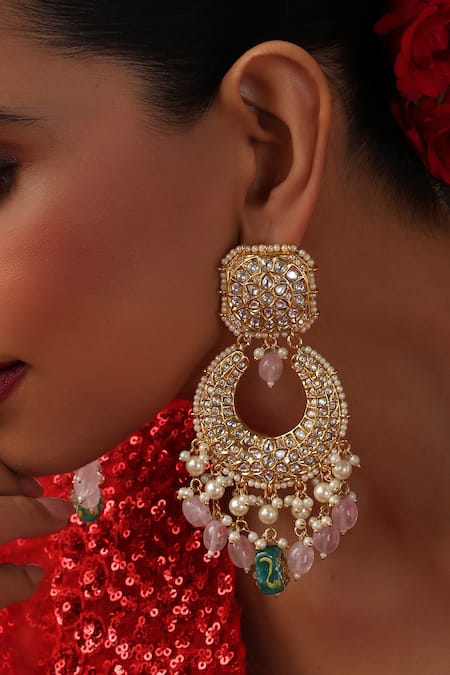 Swabhimann_Multi Color Stones, Pearls, Beads Kundan Embellished Chandbalis _Online_at_Aza_Fashions