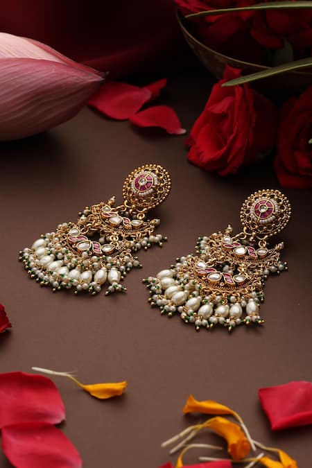 Swabhimann_Multi Color Pearls, Stones, Beads Red Gold Plated Jadau Dangler Earrings _Online_at_Aza_Fashions