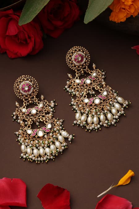 Swabhimann Red Gold Plated Jadau Dangler Earrings 