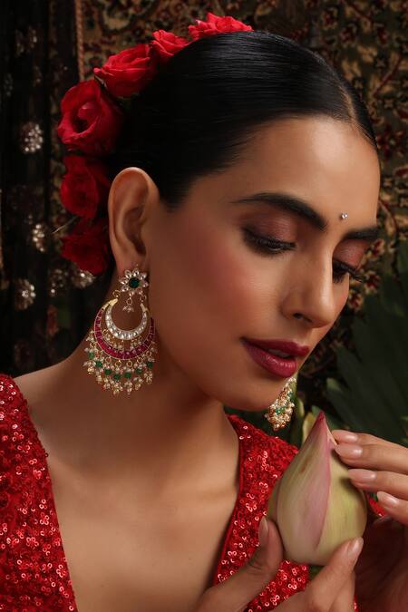 Shop_Swabhimann_Multi Color Stones, Pearls, Beads Multicolor Kundan Embellished Chandbalis _Online_at_Aza_Fashions