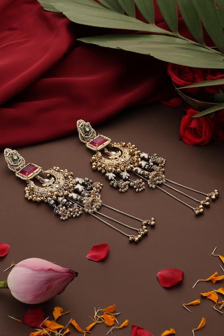 Swabhimann_Pink Beads, Stones, Pearls Rose Quartz Gold Plated Chandbalis _Online_at_Aza_Fashions
