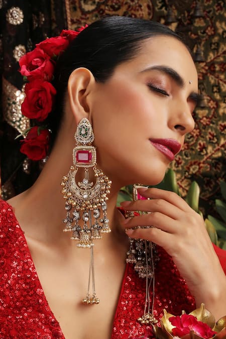 Buy_Swabhimann_Pink Beads, Stones, Pearls Rose Quartz Gold Plated Chandbalis _Online_at_Aza_Fashions