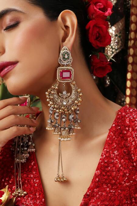 Shop_Swabhimann_Pink Beads, Stones, Pearls Rose Quartz Gold Plated Chandbalis _Online_at_Aza_Fashions