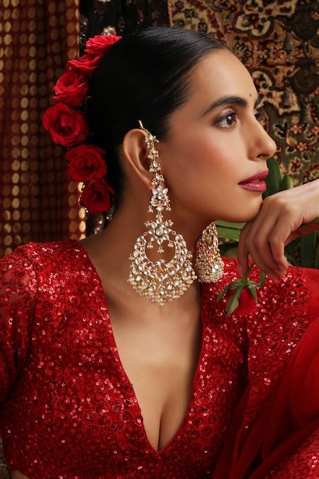 Shop_Swabhimann_Gold Plated Stones, Pearls Polki Chandbali Earrings _Online_at_Aza_Fashions