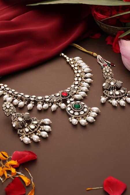 Swabhimann_Multi Color Pearls, Stones Ruby Gold Plated Polki Pendant Necklace Set _Online_at_Aza_Fashions