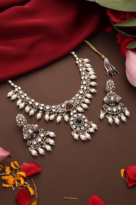 Shop_Swabhimann_Multi Color Pearls, Stones Ruby Gold Plated Polki Pendant Necklace Set _at_Aza_Fashions