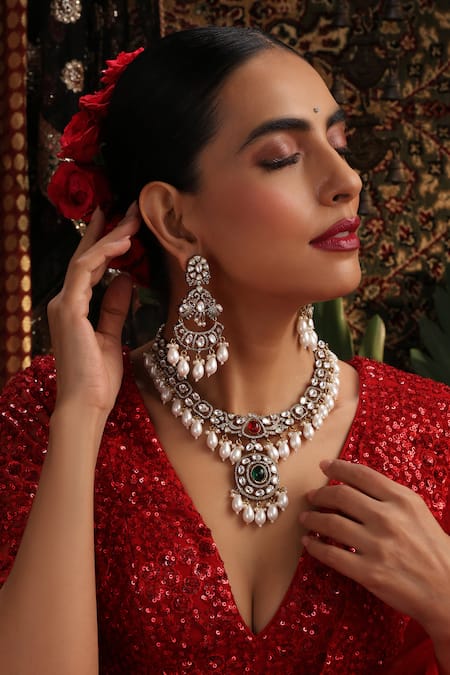 Swabhimann Ruby Gold Plated Polki Pendant Necklace Set 