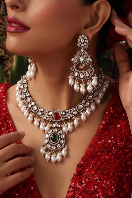 Buy_Swabhimann_Multi Color Pearls, Stones Ruby Gold Plated Polki Pendant Necklace Set _Online_at_Aza_Fashions