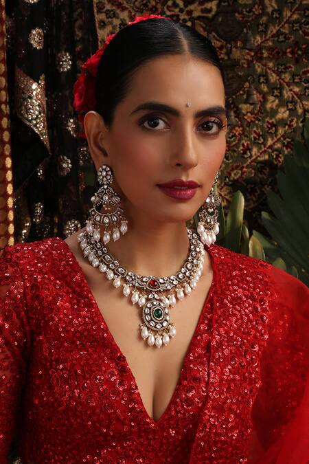 Shop_Swabhimann_Multi Color Pearls, Stones Ruby Gold Plated Polki Pendant Necklace Set _Online_at_Aza_Fashions