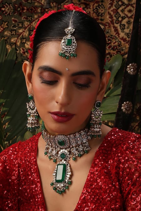 Shop_Swabhimann_Green Stones, Beads, Pearls Polki Embellished Pendant Choker Set _Online_at_Aza_Fashions