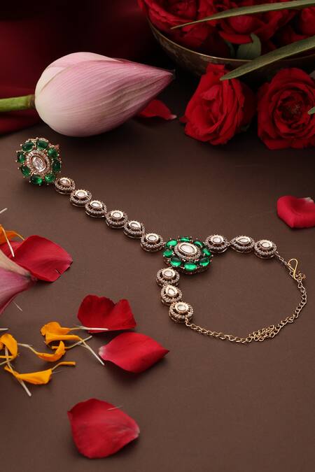 Swabhimann_Green Stones, Faux Diamonds Polki Embellished Hathphool _Online_at_Aza_Fashions