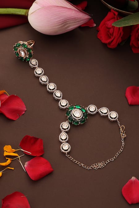 Shop_Swabhimann_Green Stones, Faux Diamonds Polki Embellished Hathphool _at_Aza_Fashions
