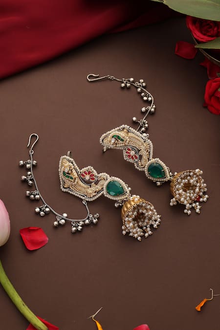 Swabhimann_Multi Color Pearls, Stones, Beads Green Gold Plated Jhumkas _Online_at_Aza_Fashions