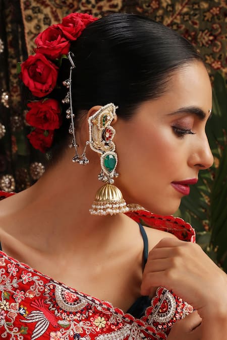 Shop_Swabhimann_Multi Color Pearls, Stones, Beads Green Gold Plated Jhumkas _Online_at_Aza_Fashions