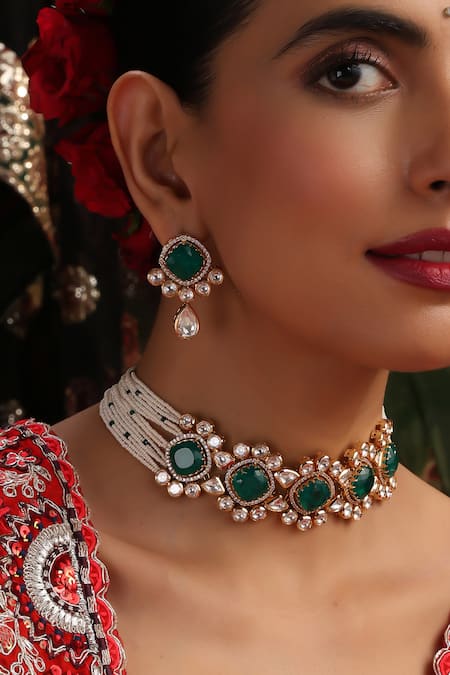 Swabhimann_Green Stones, Pearls Polki Gold Plated Choker Set _Online_at_Aza_Fashions