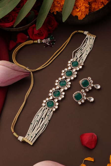 Buy_Swabhimann_Green Stones, Pearls Polki Gold Plated Choker Set _Online_at_Aza_Fashions