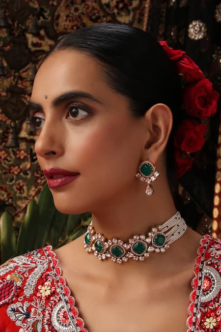 Shop_Swabhimann_Green Stones, Pearls Polki Gold Plated Choker Set _Online_at_Aza_Fashions