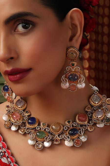 Swabhimann_Multi Color Pearls, Gemstones, Rhinestones Zirconia Embellished Necklace Set _Online_at_Aza_Fashions