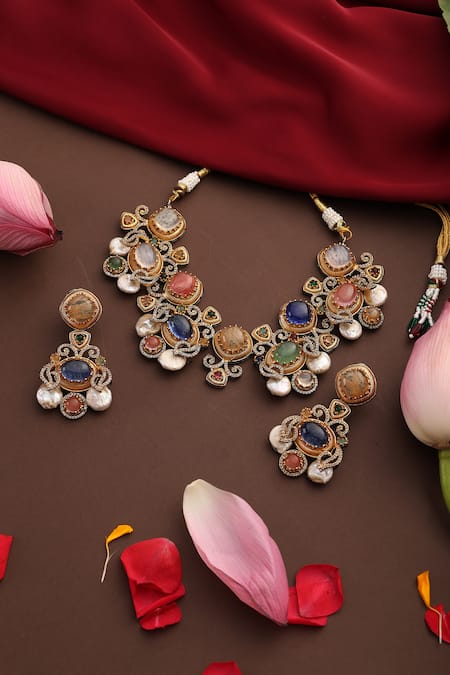 Shop_Swabhimann_Multi Color Pearls, Gemstones, Rhinestones Zirconia Embellished Necklace Set _at_Aza_Fashions