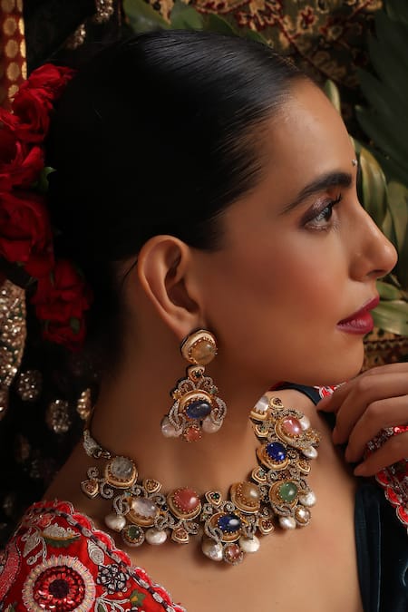 Buy_Swabhimann_Multi Color Pearls, Gemstones, Rhinestones Zirconia Embellished Necklace Set _Online_at_Aza_Fashions