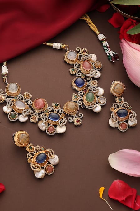 Shop_Swabhimann_Multi Color Pearls, Gemstones, Rhinestones Zirconia Embellished Necklace Set _Online_at_Aza_Fashions